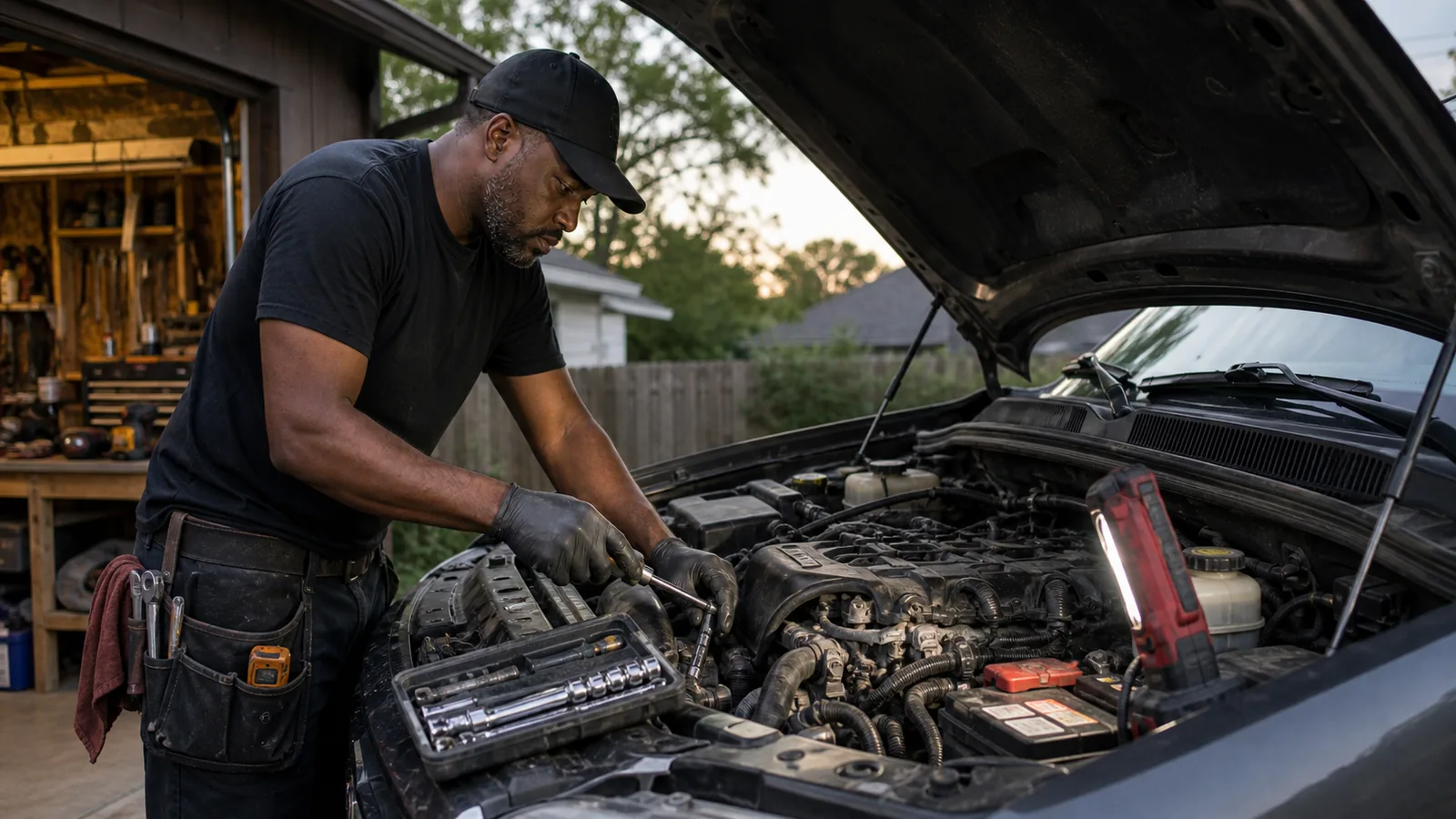 Stock-style photo of a mechanic diagnosing a regular pickup truck under the hood