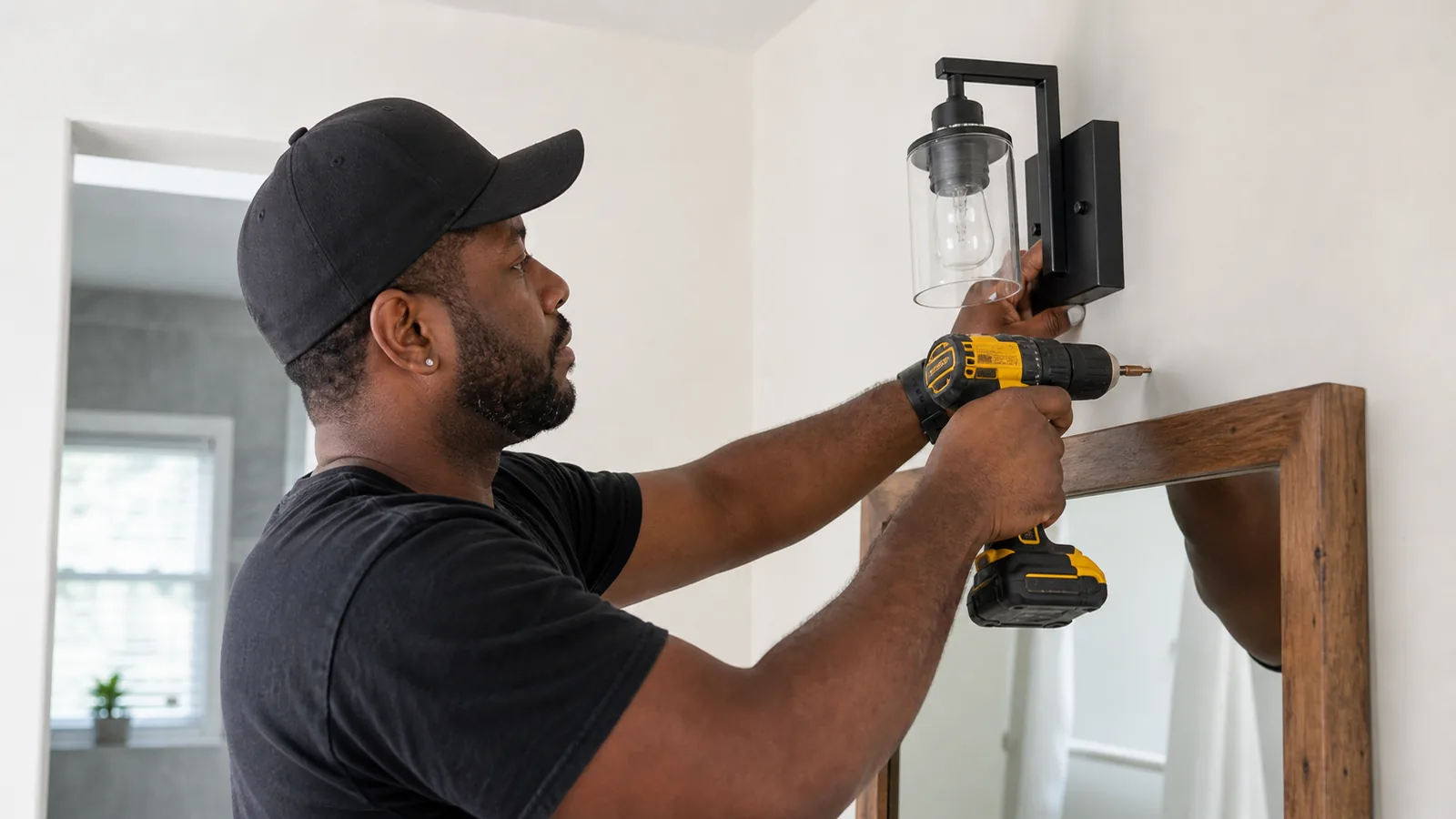 Stock-style photo of a handyman installing a wall-mounted light fixture with a drill and level